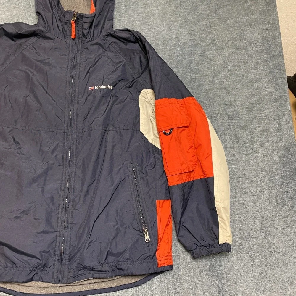 London Fog Reversible Jacket Youth L Navy Nylon to Fleece Hooded Raglan Sleeve
